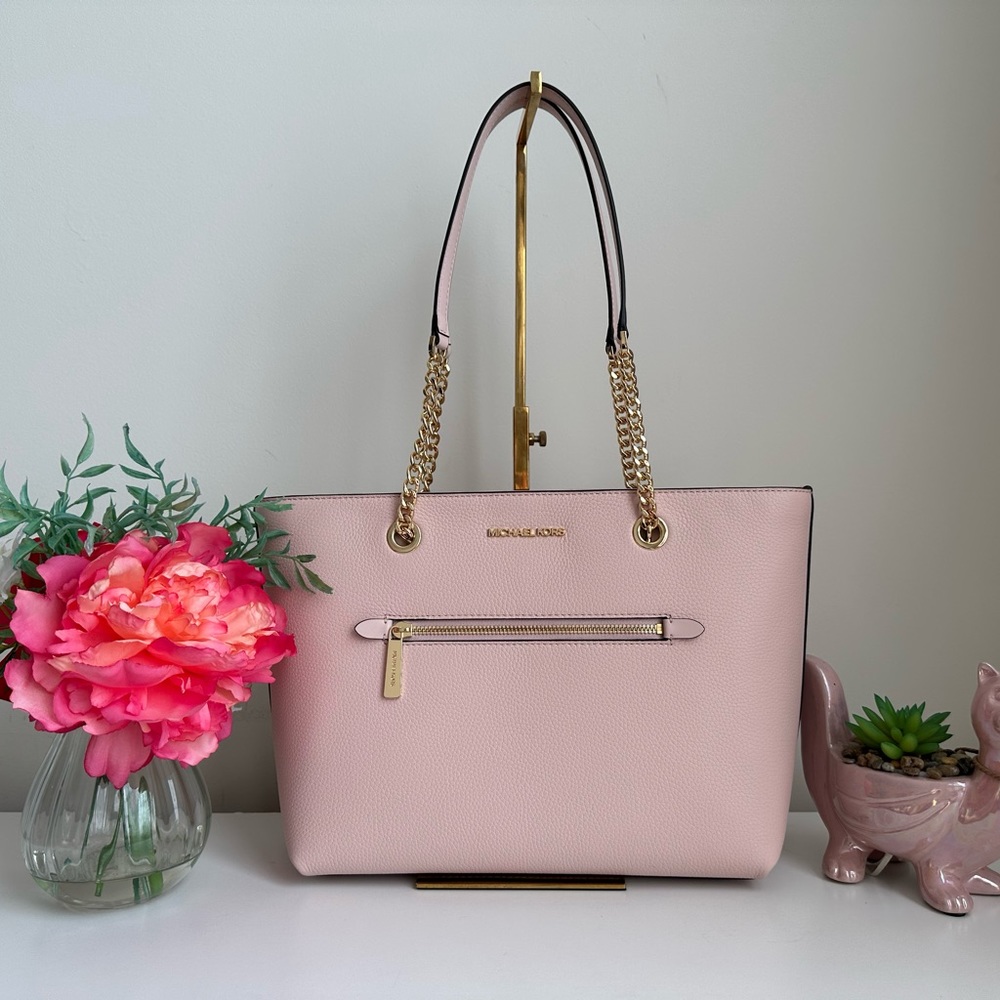 Michael Kors Jet Set Medium Leather Front Zip Chain Tote Powder Blush